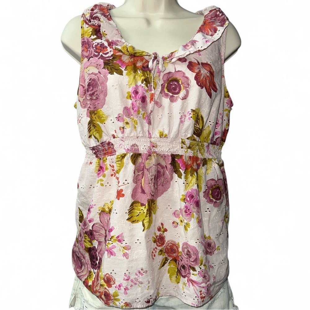 Women's Size Large Blouse Cottagecore Floral Eyelet Ruffle Sleeveless Top Pink